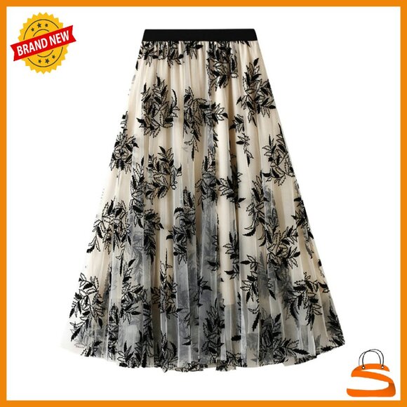 A-Line Elastic Waist Ruffle Tulle Layered Midi Skirt One Size - Picture 1 of 6